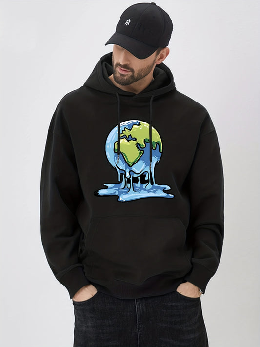 Melting Earth Print Hoodie Men's Casual Graphic Pullover Hooded Sweatshirt