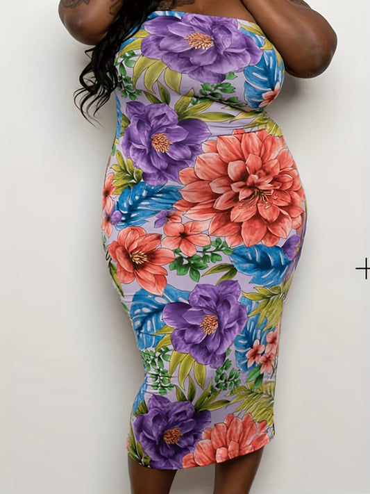  Floral Print Strapless Tube Dress Slim Fit