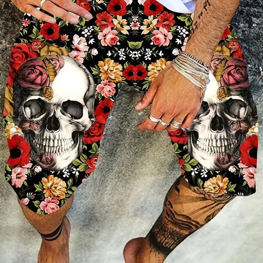 Vintage Floral Skull Graphic Shorts for Men
