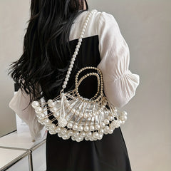 Fan Shaped Niche Hollow Bag Woven Faux Pearl Metal Dinner Bag