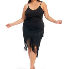  Solid V Neck Fringe Trim Cami Dress