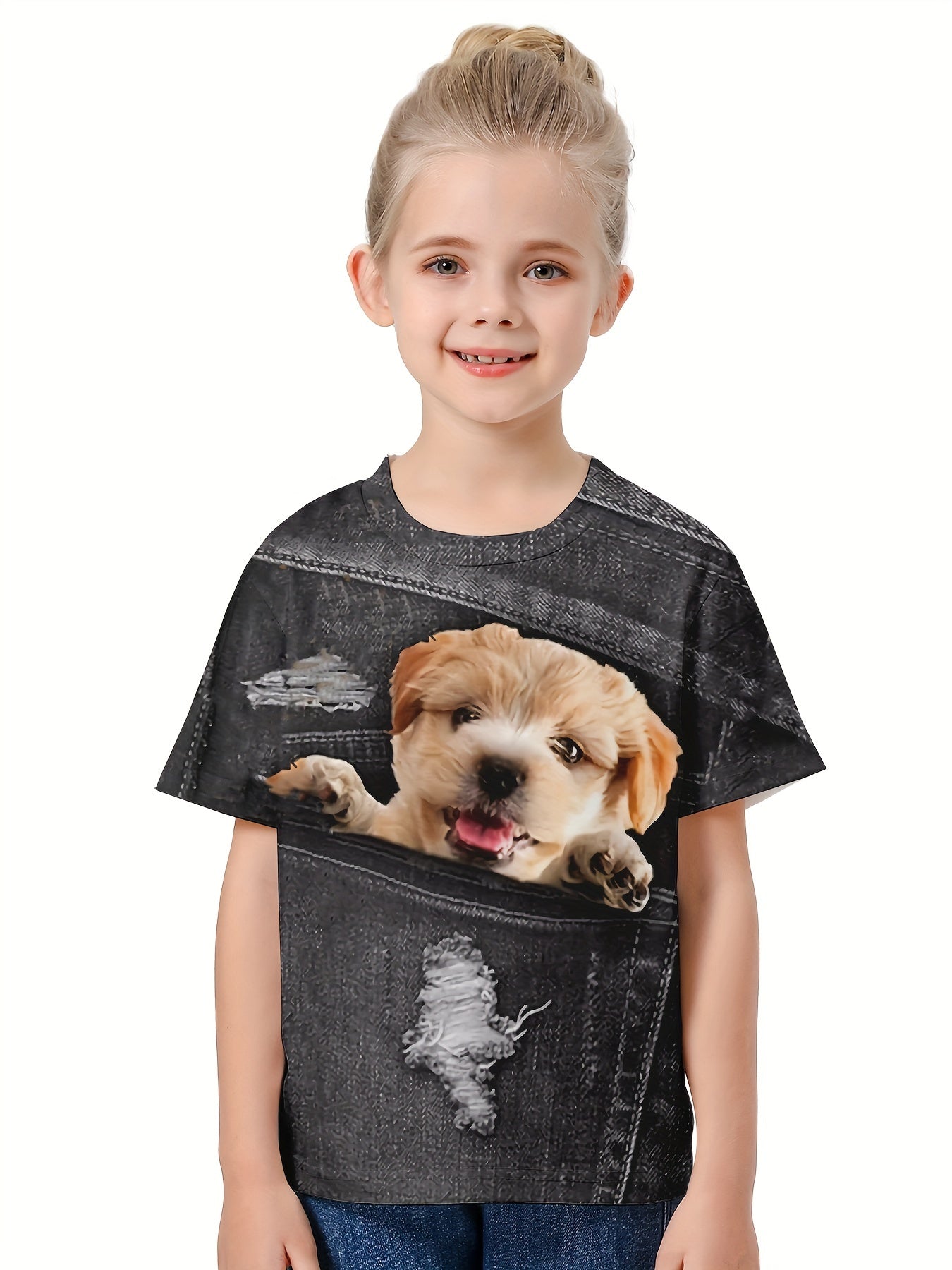 Kids 3D Dog Graphic Tee Breathable Summer Pullover Sports Top