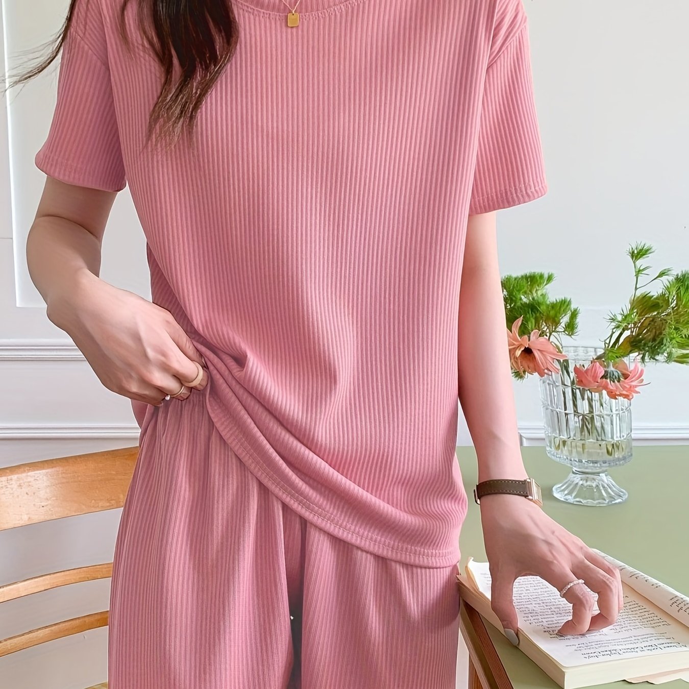 Ribbed Lounge Set Short Sleeve Top & Shorts Women's Loungewear