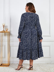  Ditsy Print Ruffle Trim Lantern Sleeve V Neck Midi Dress
