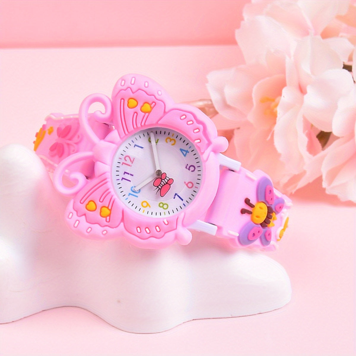 Girls Floral Watch Pink Soft Strap Analog Clock Quartz Movement