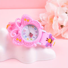 Girls Floral Watch Pink Soft Strap Analog Clock Quartz Movement