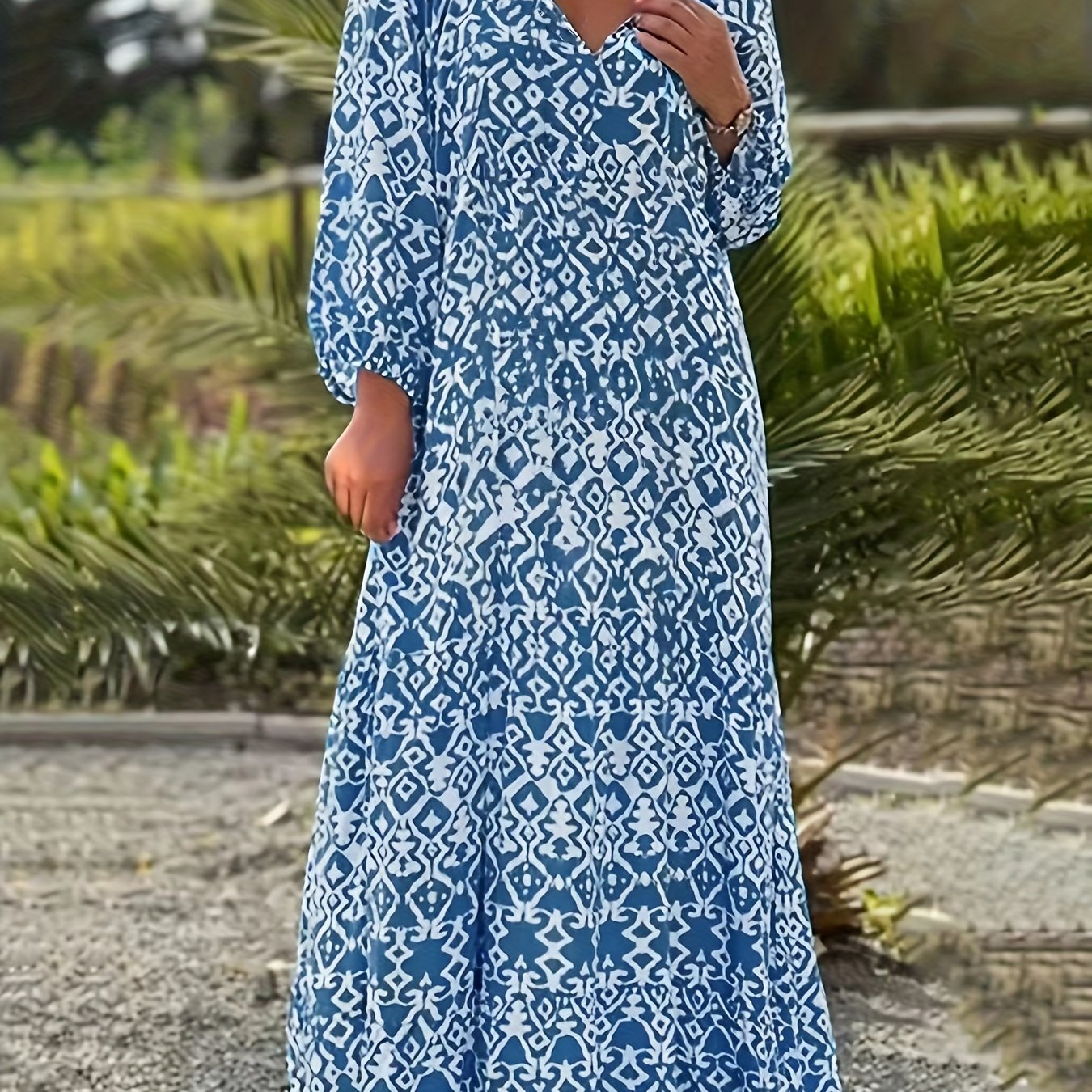 Boho Lantern Sleeve V Neck Maxi Dress - Plus Size