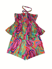  Geometric Print Halter Neck Top & Shorts Set