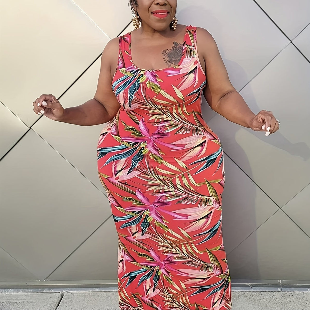  Plants Print Round Neck Tank Dress