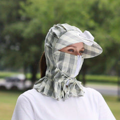 Plaid Print Fan Sun Hat with Neck Gaiter and Face Covering