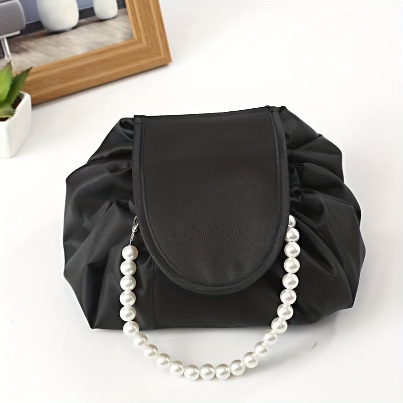 Travel Makeup Bag with Ruched Detail & Faux Pearl Decor
