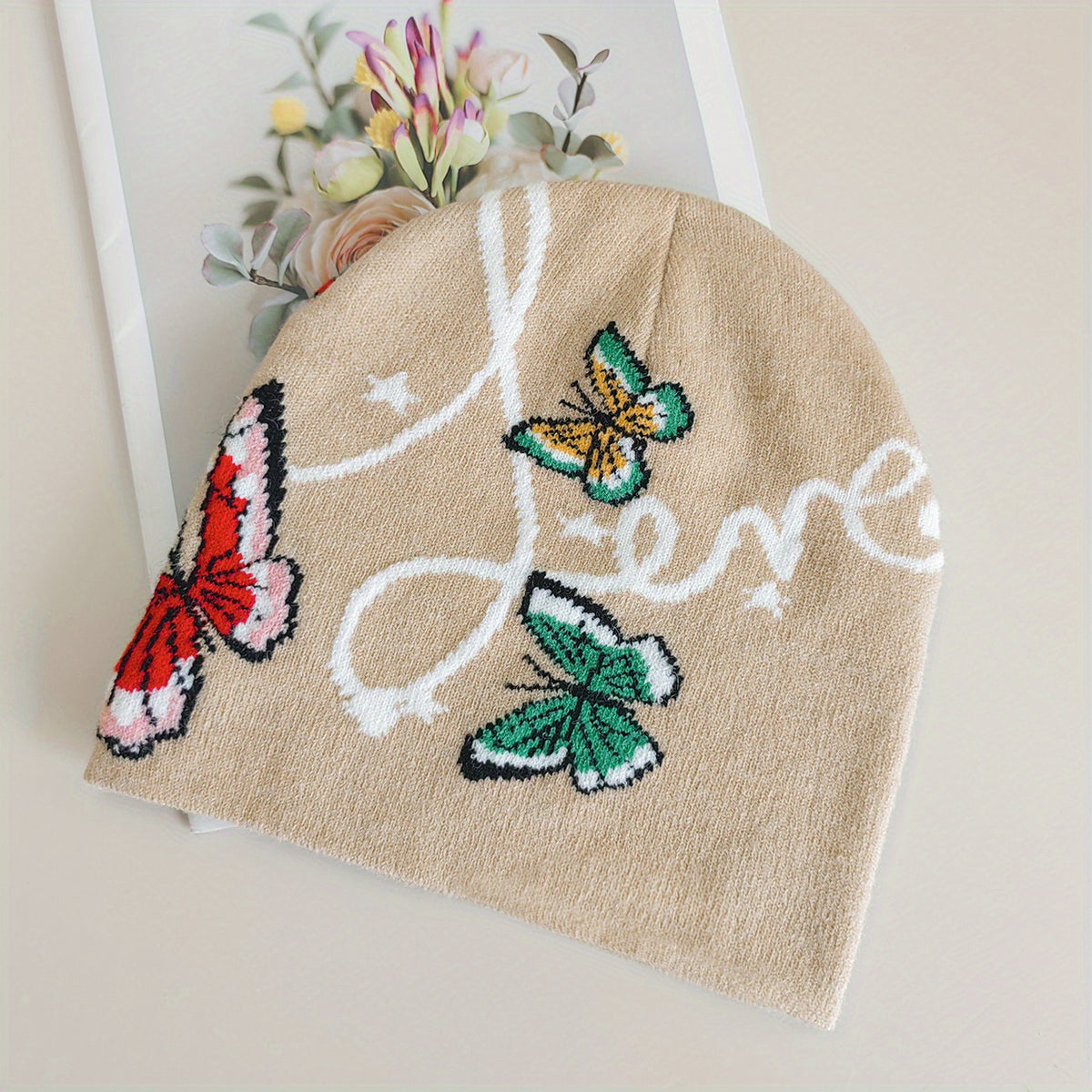 Butterfly Jacquard Beanie Khaki Soft Elastic Knit Hats For Women