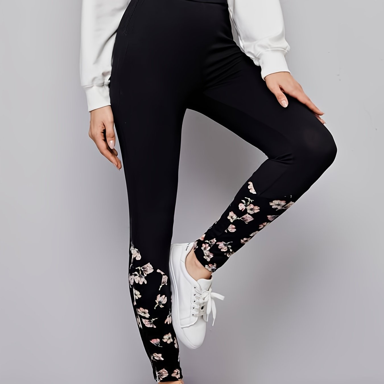  Floral Print Casual Leggings Elastic High Rise