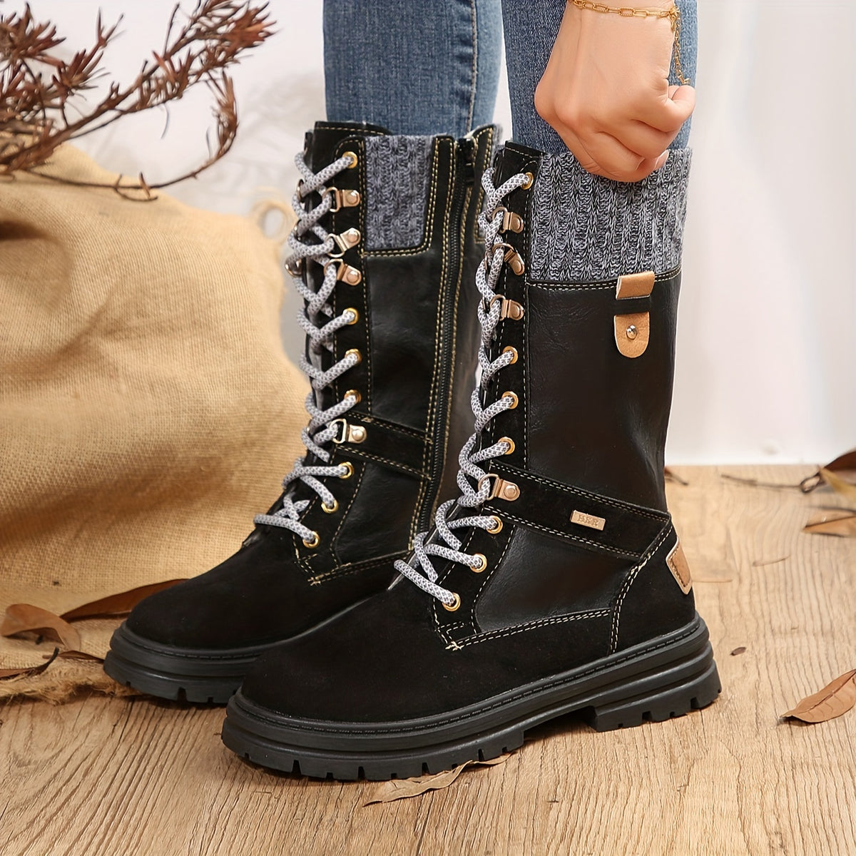 Faux Leather Snow Boots Flat Lace Up Mid Calf Winter Boots