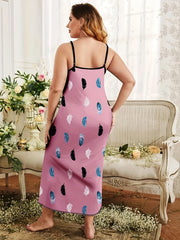 Women's Plus Feather Print Nightdress Round Neck Cami Sleep Dress