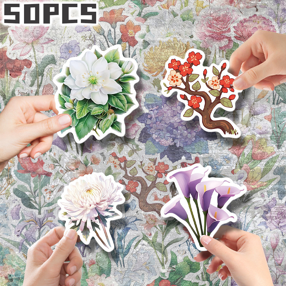 50pcs Flower Illustration Stickers Non Repeating Decor for Holidays & B