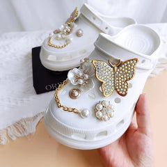 12pcs Golden Shoe Decorative Accessories Set with Rhinestone Diamond Pearl Chain