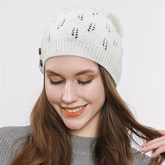 Women's Hollow Knit Beanie Hat Button Decor Warm Cap