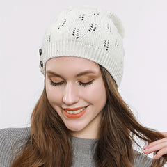 Women's Hollow Knit Beanie Hat Button Decor Warm Cap