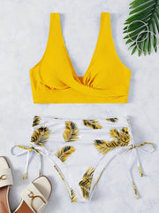 Leaf Print Bikini Set Drawstring Tie Side Push Up Swimsuit Women's Swimwear