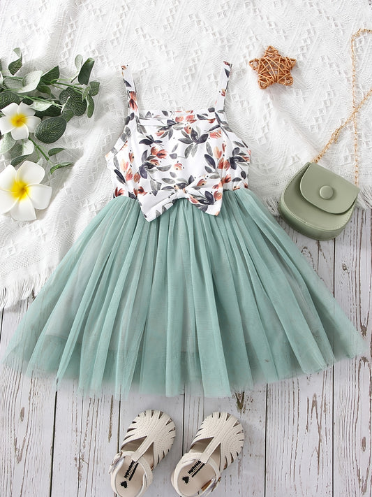 Infant Bowknot Puffy Overall Dress with Mesh for Kids