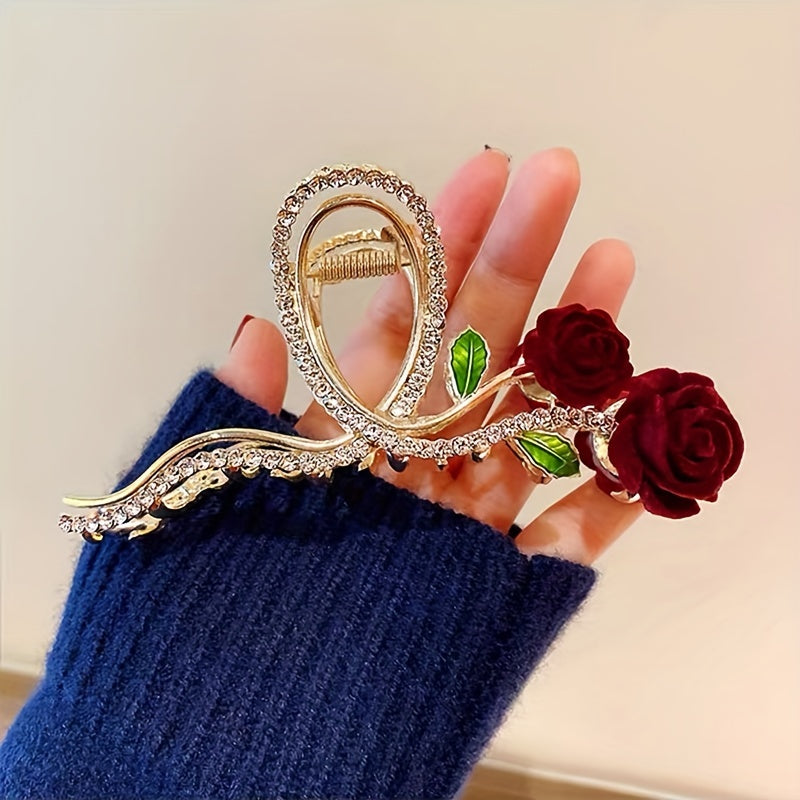 Red Rose Rhinestone Hair Claw Clip Strong Grip Hair Jaw Clip