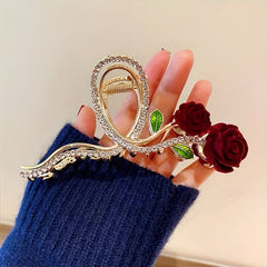 Red Rose Rhinestone Hair Claw Clip Strong Grip Hair Jaw Clip