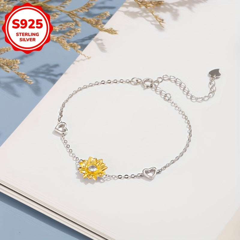 Sunflower & Heart Charm Bracelet with CZ 925 Sterling Silver