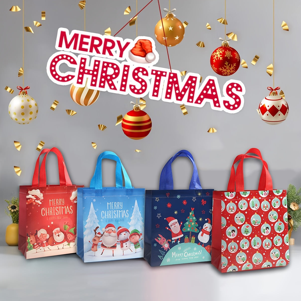 6pcs Christmas Gift Bags Reusable Xmas Tote Bulk Bags With Handles