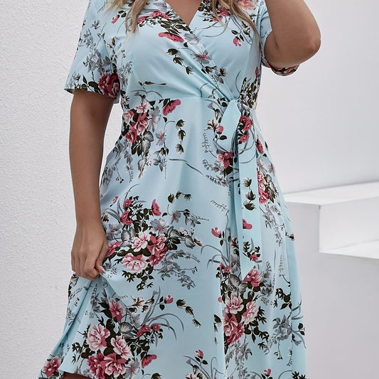 Casual Floral Print Short Sleeve Knot Dress