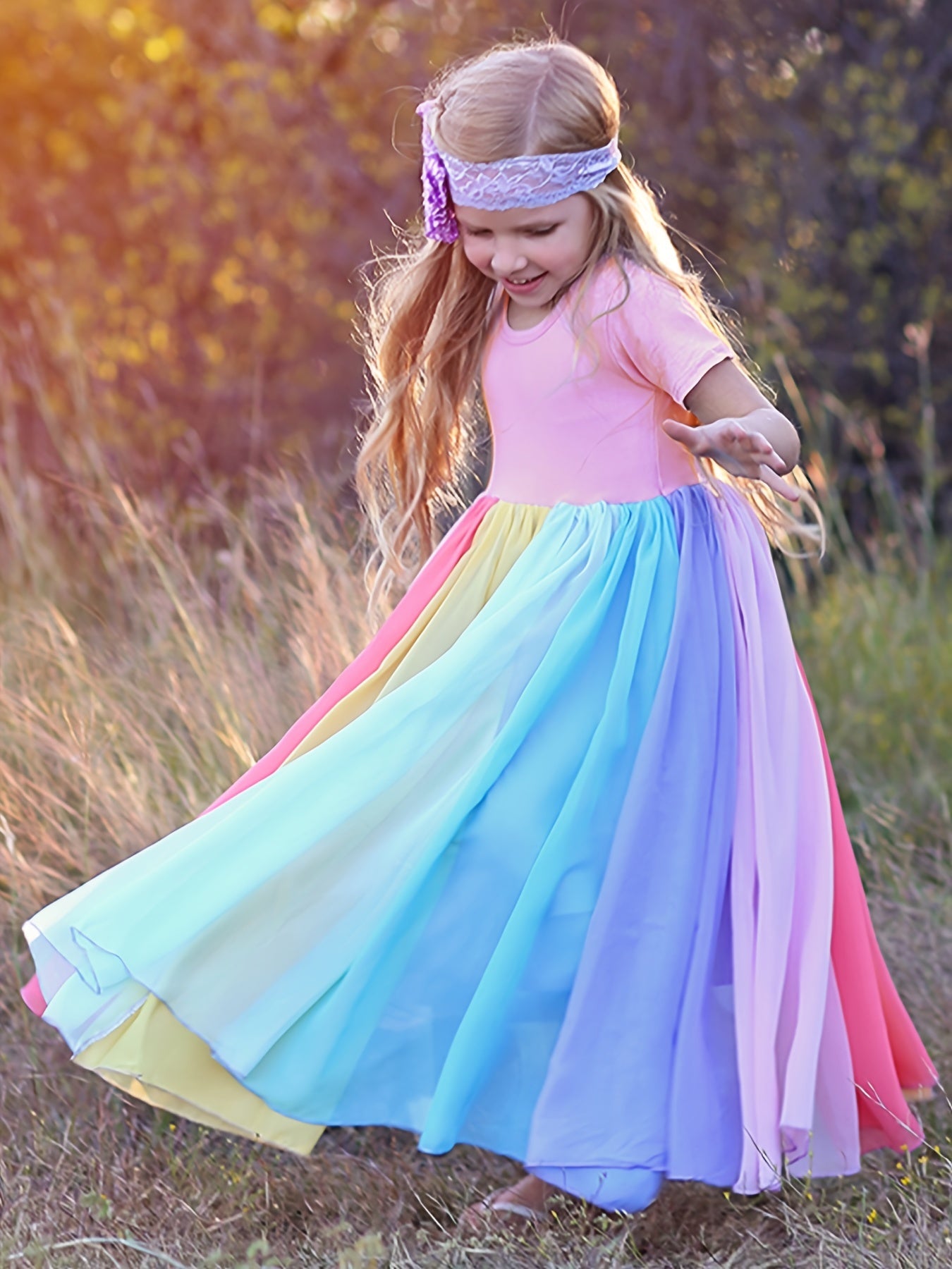 Girls Rainbow Splicing Cotton Dress Kids Summer Clothes