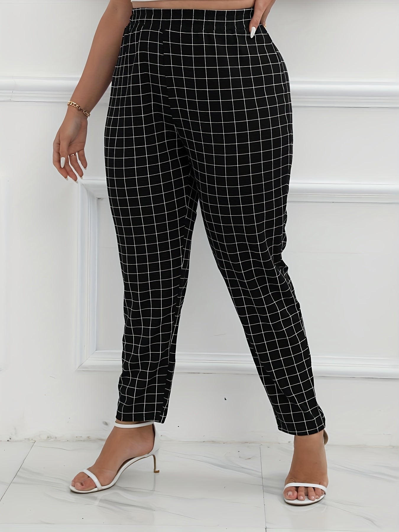  Windowpane Print High Rise Tapered Leg Pants