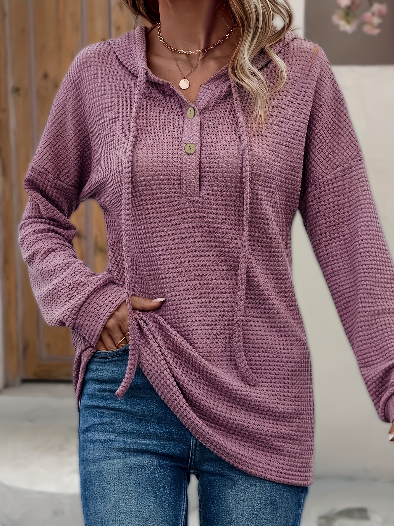 Drawstring Hooded Button Sweater Casual Solid Color