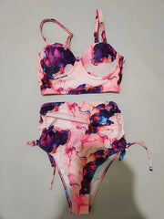 Tie Dye Push Up Bikini Set V Neck Tie Side High Cut Two Piece Swimwear