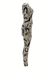 Graphic Print 2pc Set Asymmetrical Neck Split Top & Pants