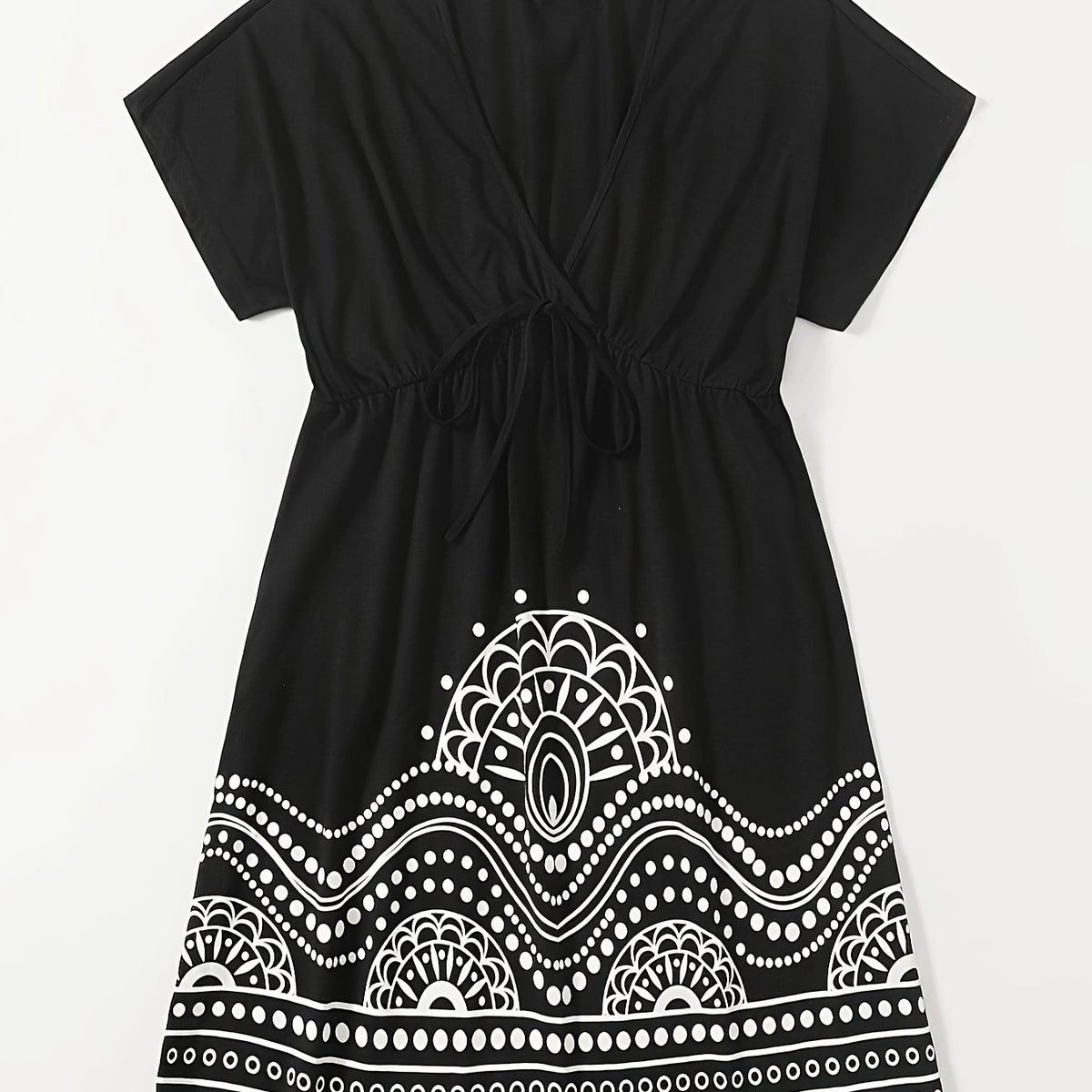  Women's Graphic Print Short Sleeve V Neck Knot Dress