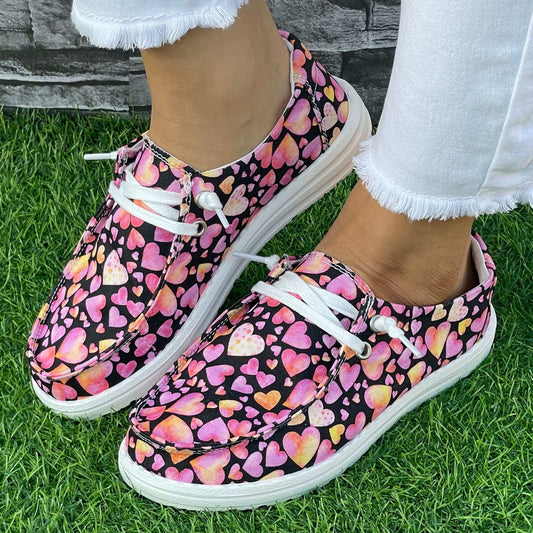 Pink Purple Love Heart Pattern Flat Shoes Women's Casual Lightweight