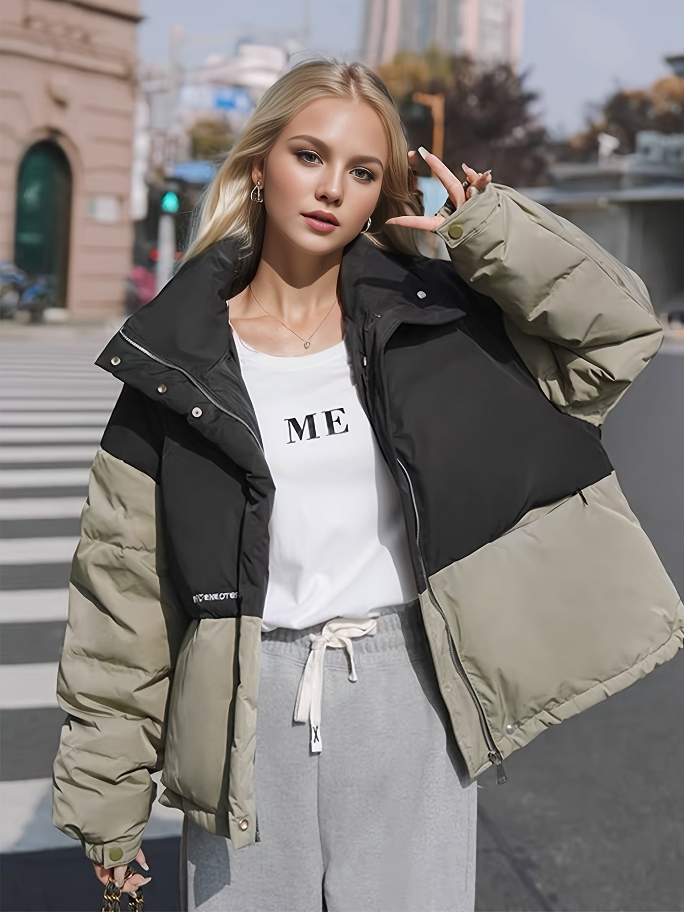 Block Stand Collar Puffer Jacket Coat Zip Up Warm Short Jacket Coat
