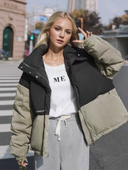 Block Stand Collar Puffer Jacket Coat Zip Up Warm Short Jacket Coat