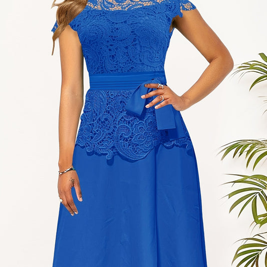 Lace Contrast Cap Sleeve A Line Dress With Belted