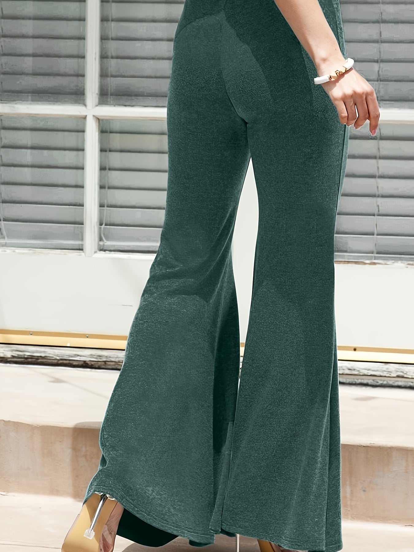  Solid High Rise Flared Leg Trousers