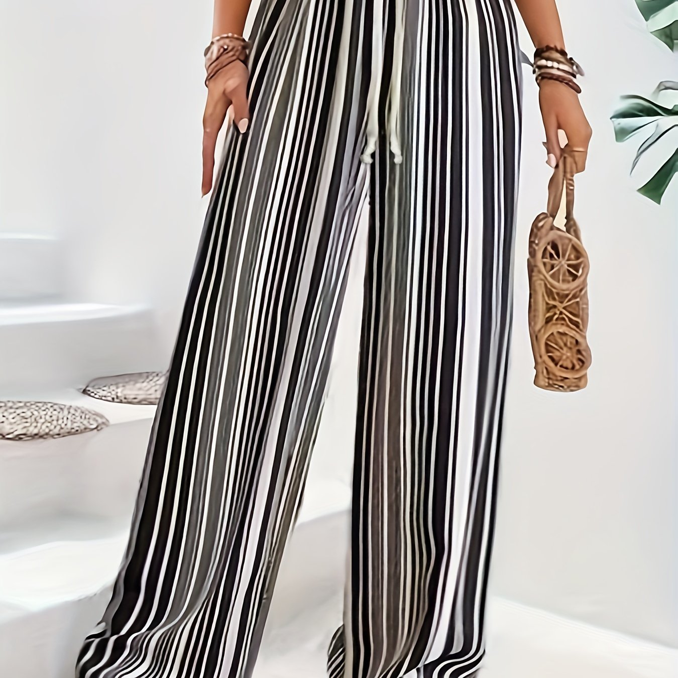  Stripe Print Wide Leg Drawstring Pants