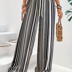  Stripe Print Wide Leg Drawstring Pants