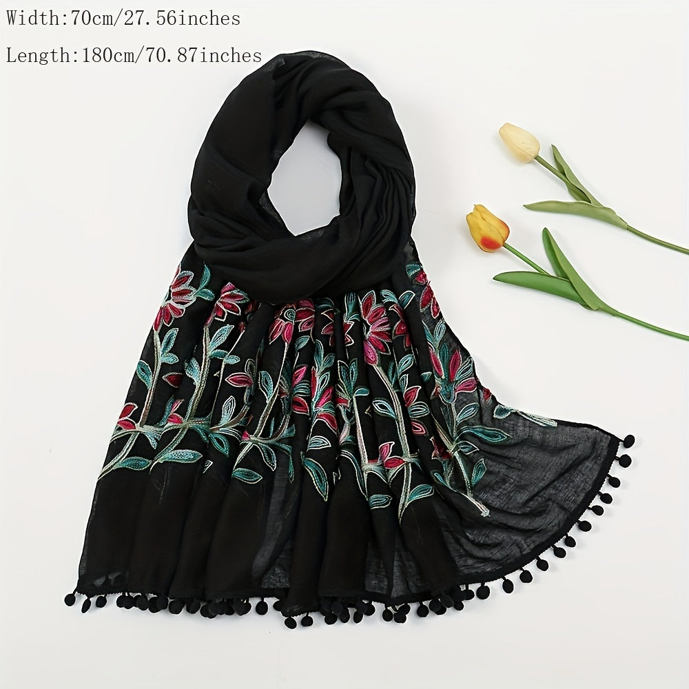 Leaf Embroidery Vintage Scarf Boho Tassel Shawl Solid Windproof Warm Wraps