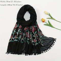 Leaf Embroidery Vintage Scarf Boho Tassel Shawl Solid Windproof Warm Wraps