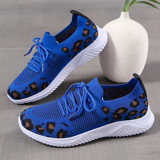 Women's Breathable Lace-Up Running Shoes Leopard Pattern Sports Shoes