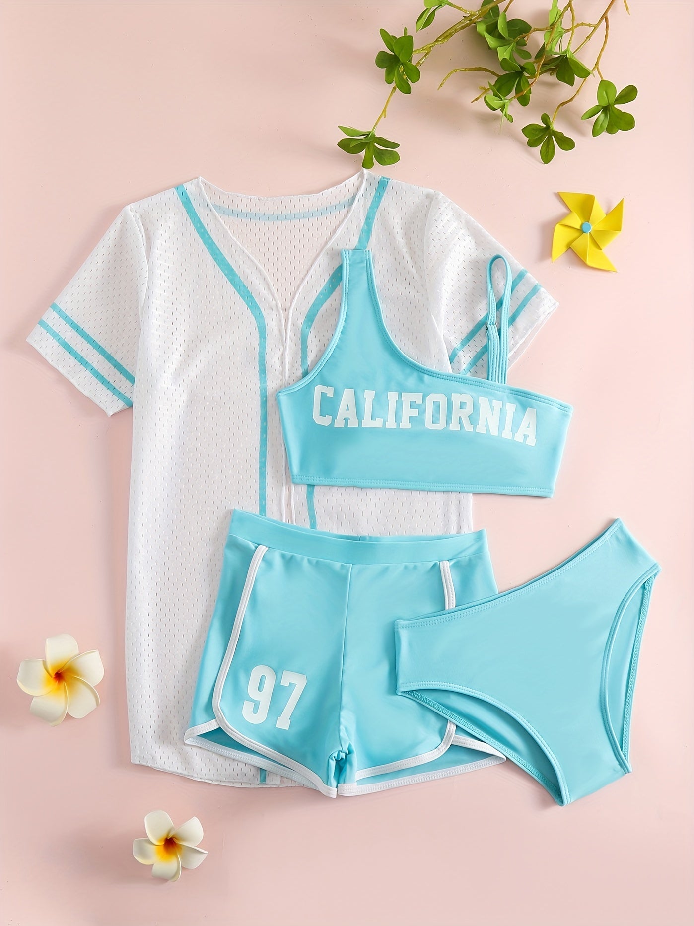 Girls Bikini Swimsuit 4pcs Set Cami Top, Shorts, Briefs & Cardigan
