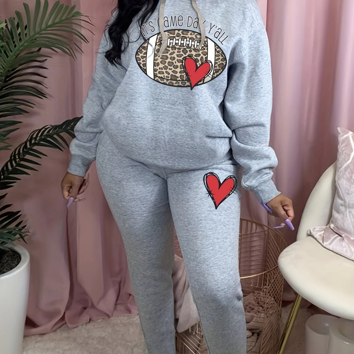 Women's Plus Leopard Rugby & Heart Print Hoodie & Sweatpants Set