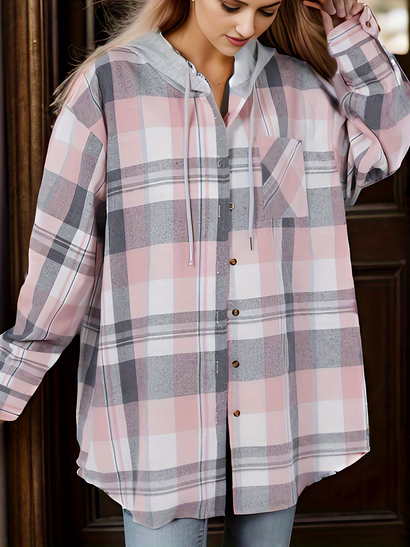  Colorblock Plaid Hoodie Drawstring Shirt