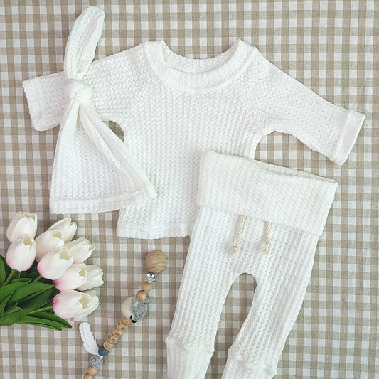 Unisex Baby Waffle Set Long Sleeve Top Trousers Hat 3pcs
